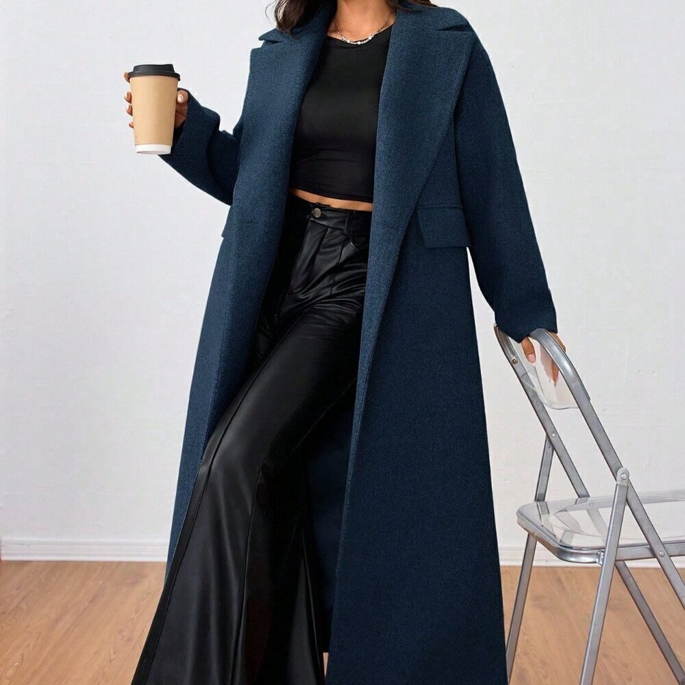 Navy Blue Casual Women's Lapel Long Coat